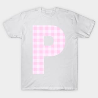 Pink Letter P in Plaid Pattern Background. T-Shirt